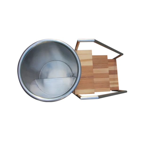 Top view of metal ice bath tub with wooden entry steps, showing spacious stainless steel barrel for effective cold water immersion