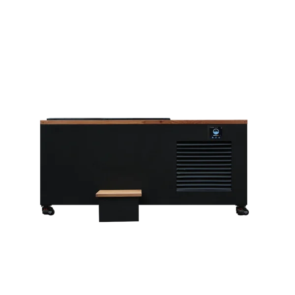 Front profile of best cold plunge tub, showing wood step, digital control panel, and large ice bath capacity for rapid recovery