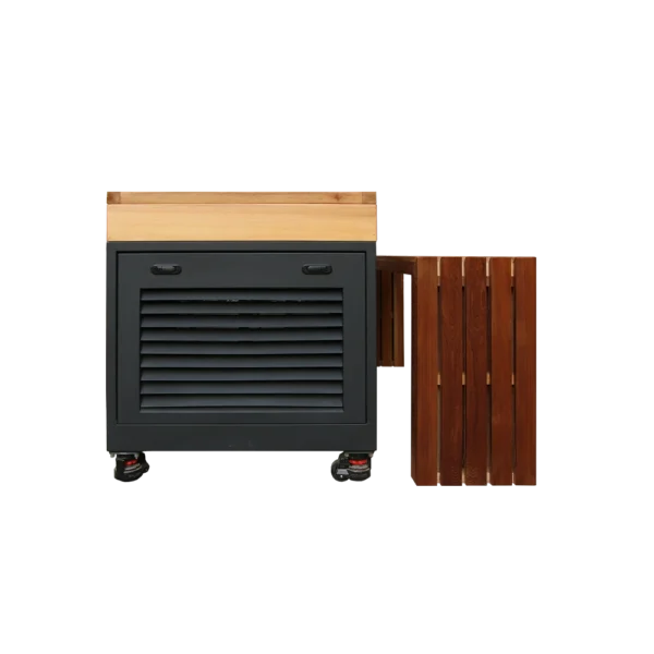Close-up end view of cold plunge pool showing ventilation panel and integrated wooden bench, ideal for spa and home use