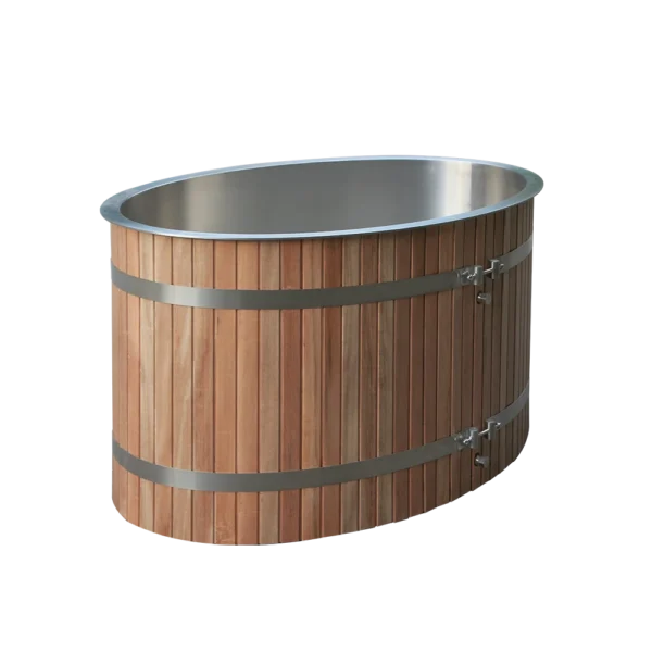 Rear view of WT-04 wooden cold plunge barrel showing fittings and 304 stainless steel liner