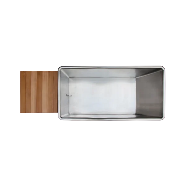Top view of rectangular metal tub for ice bath with wooden cooling unit enclosure