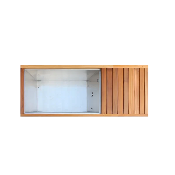 Top view of cold plunge pool, featuring stainless steel interior and wood panel trim, rectangular design for ice bath therapy