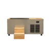 Front profile of plunge cold tub, showcasing stainless steel body, wood entry steps, and digital temperature control panel
