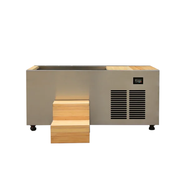 Front profile of plunge cold tub, showcasing stainless steel body, wood entry steps, and digital temperature control panel