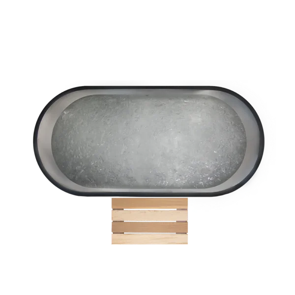 Top view of outdoor cold plunge tub filled with water and ice