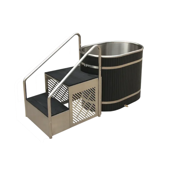 Rear angled view of metal tub for ice baths, highlighting black and stainless steel construction with secure handrails and steps