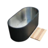 Angled view of outdoor cold plunge tub filled with ice water