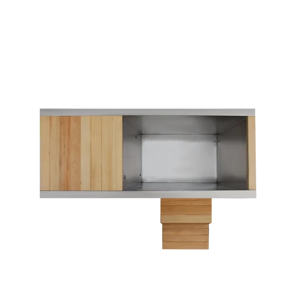 Top view of plunge cold tub, stainless steel rectangular interior, natural wood trim, and front wood steps for safe entry