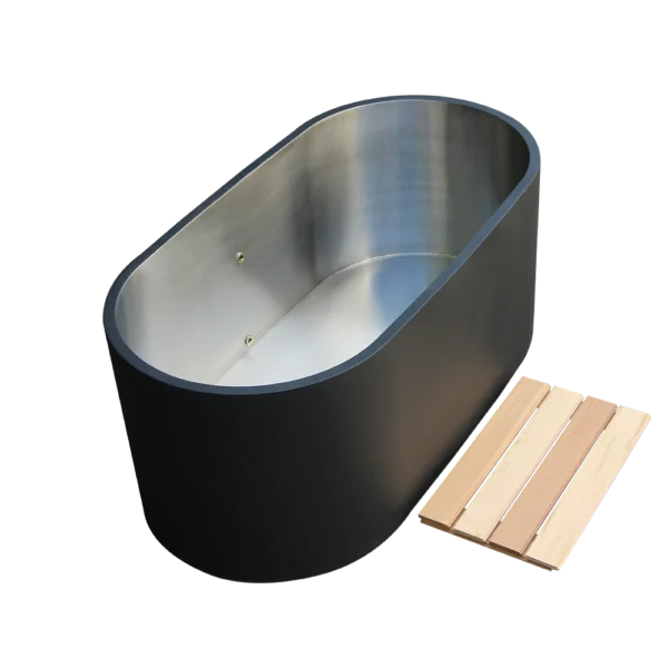 Angled view of outdoor cold plunge tub filled with ice water