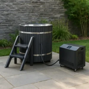 Cold plunge setup with stainless tub, chiller, and filter for clean recovery