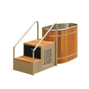 WT-09 metal tub for ice baths with cedar steps and stainless handrails
