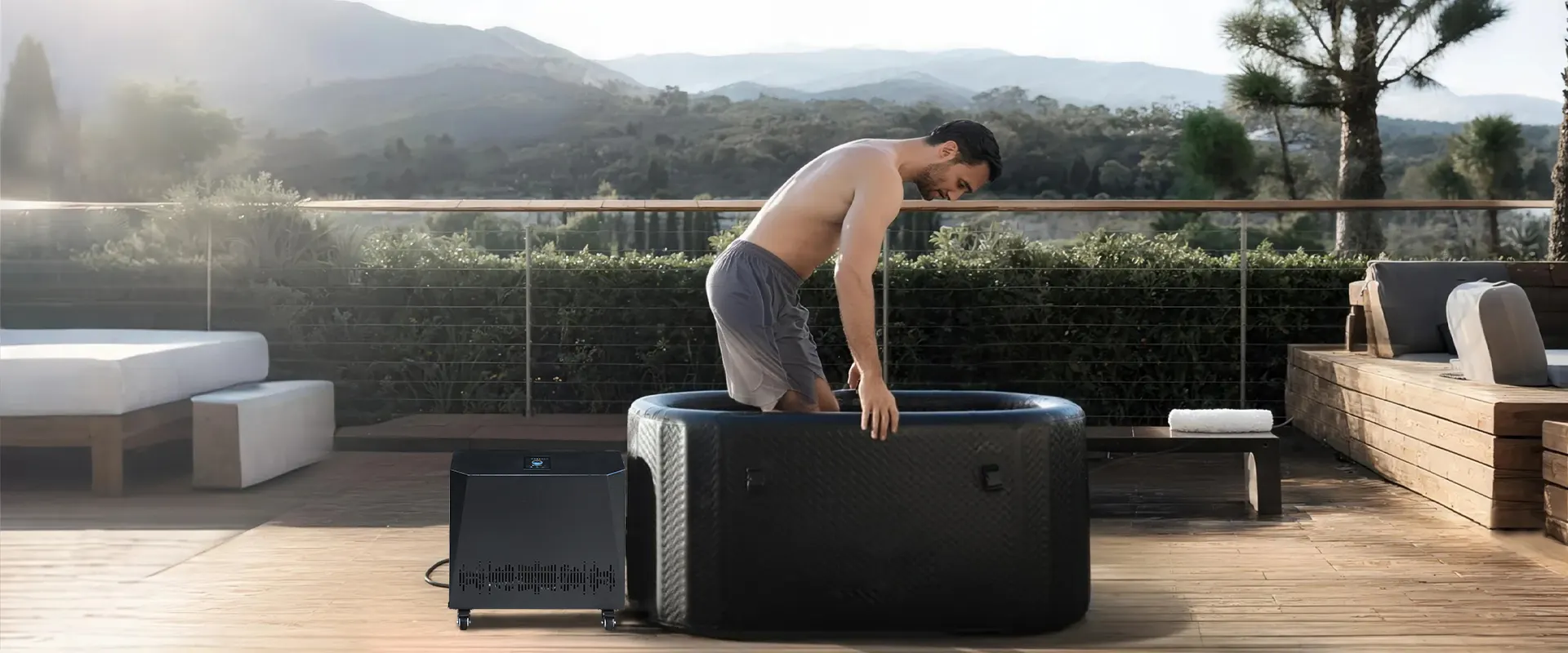 Inflatable cold plunge tub connected to 1HP home-use chiller