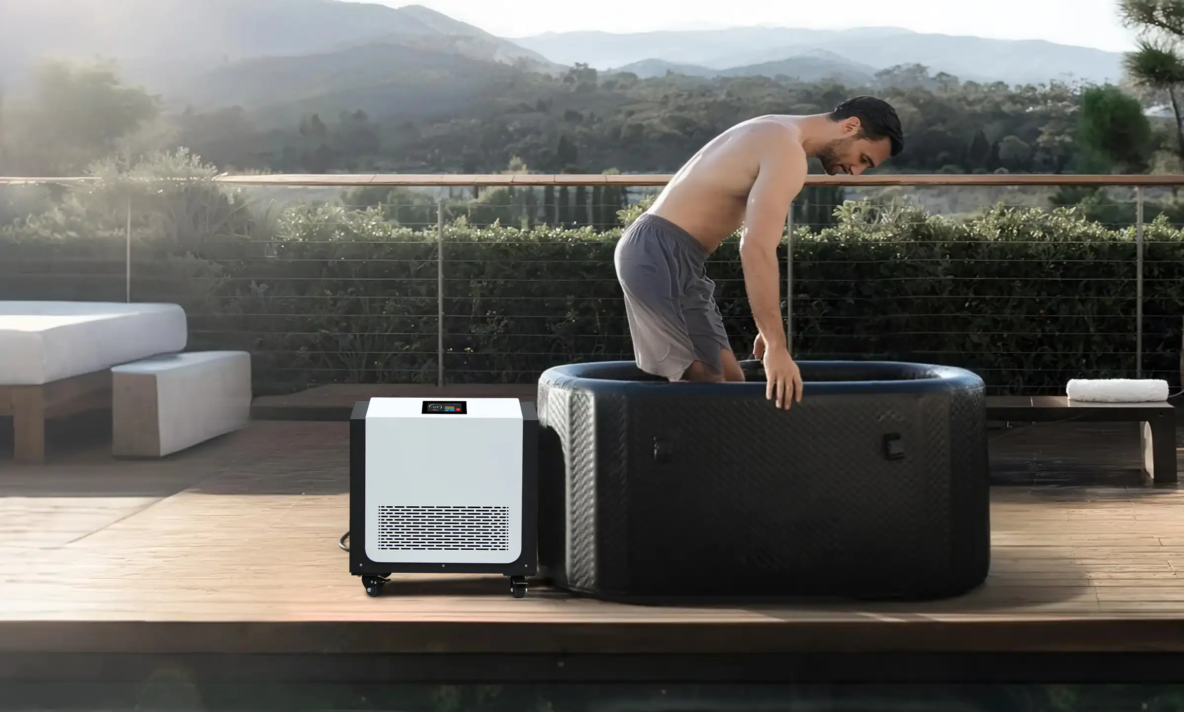 Inflatable cold plunge tub connected to 1HP home-use chiller