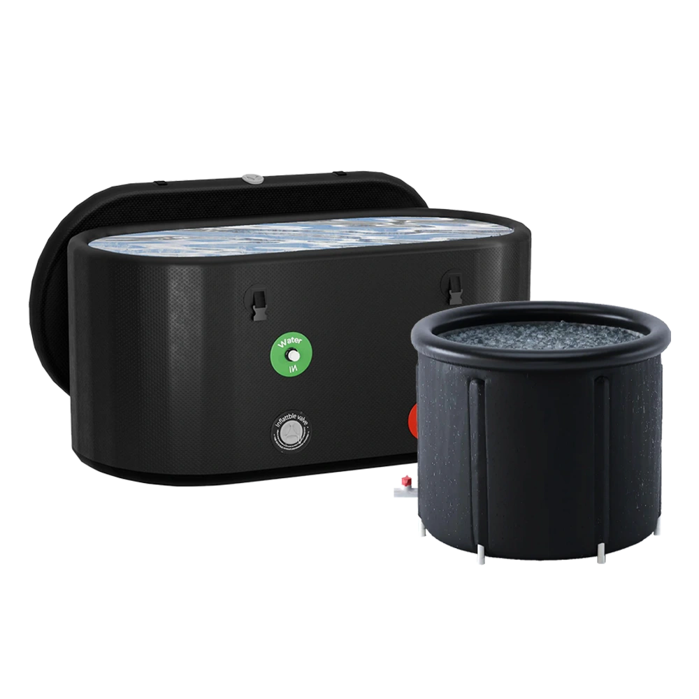 Black inflatable cold plunge tub with matching portable chiller filled with ice water