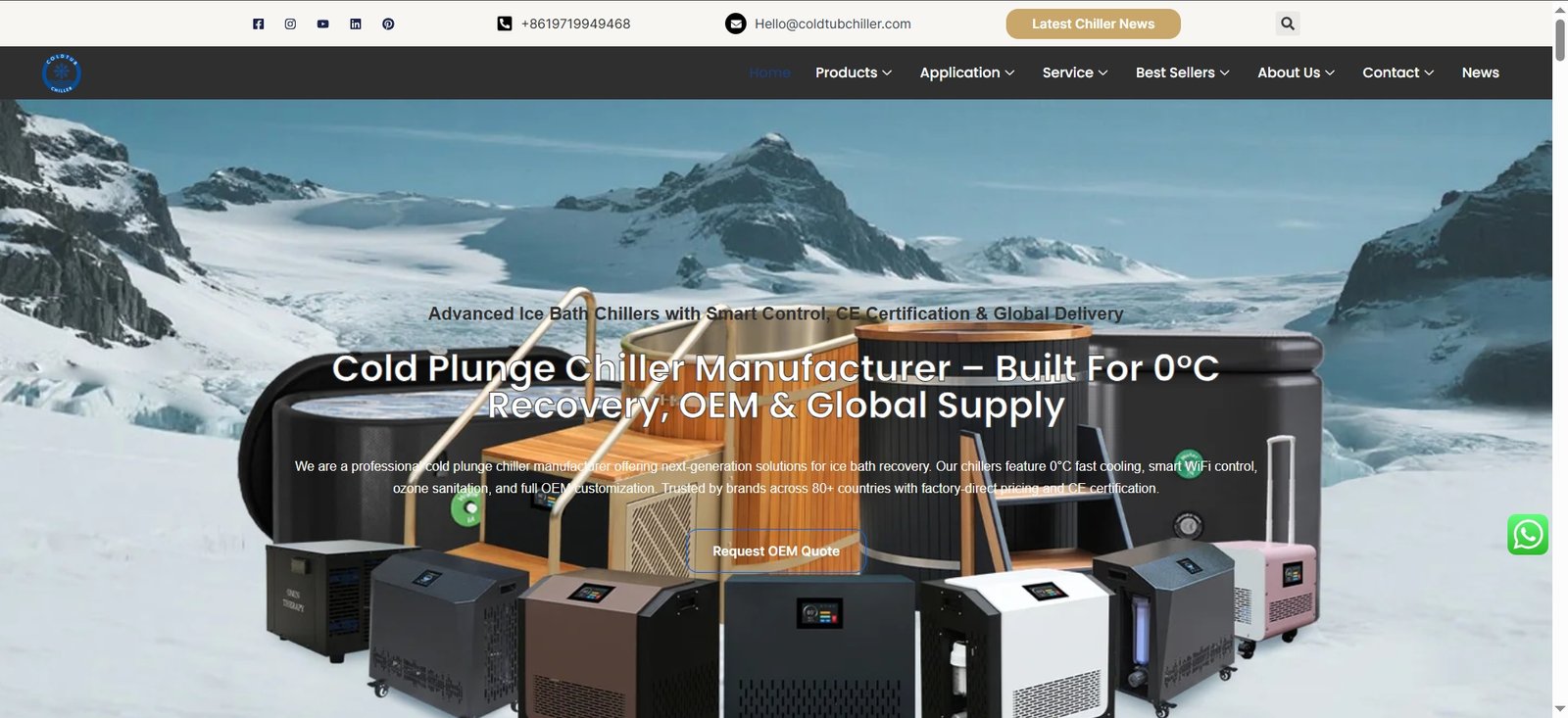 OMNI Therapy cold plunge chiller lineup for ice bath recovery, featuring 0°F cooling capability, smart WiFi control, ozone sanitation, and OEM customization options