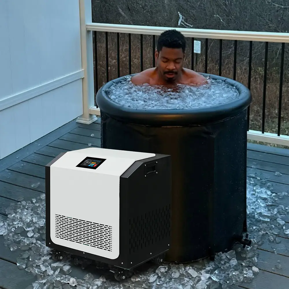 OMNI Therapy CHU-10-RV model chiller unit, designed for 0°C ice bath recovery, placed beside an outdoor soaking tub