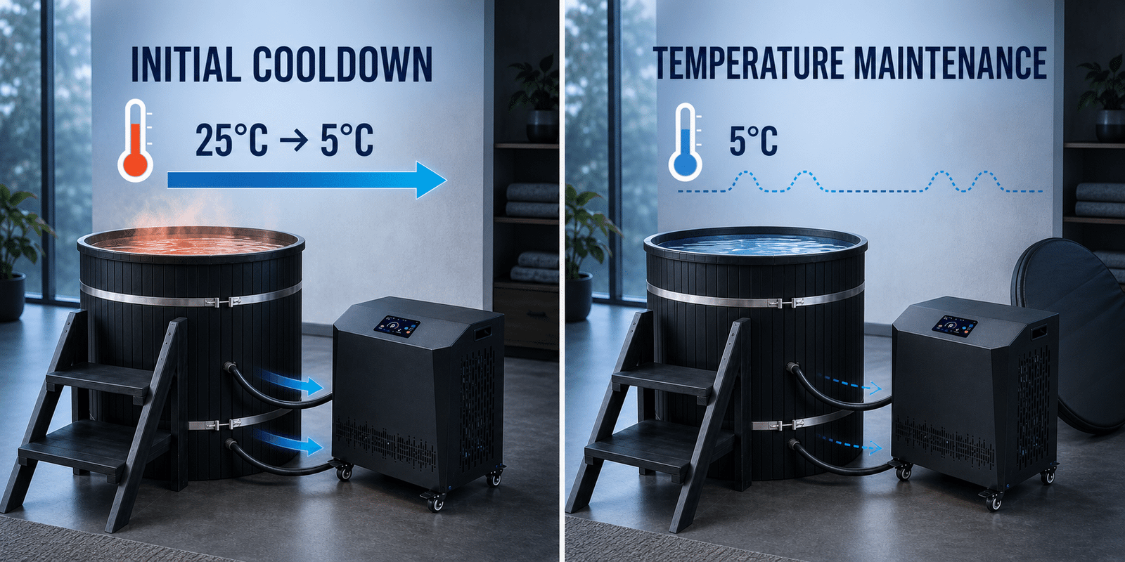 Cold plunge chiller sizing for initial cooldown versus temperature maintenance