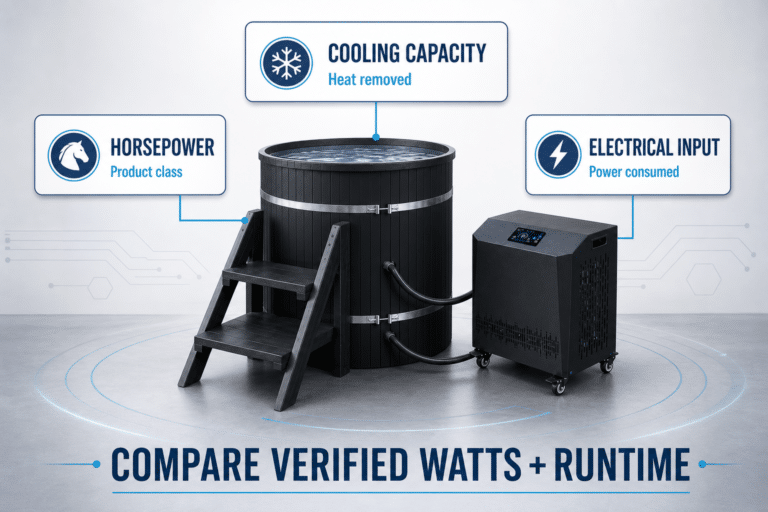 Cold plunge chiller sizing comparison of horsepower, cooling capacity and electrical input