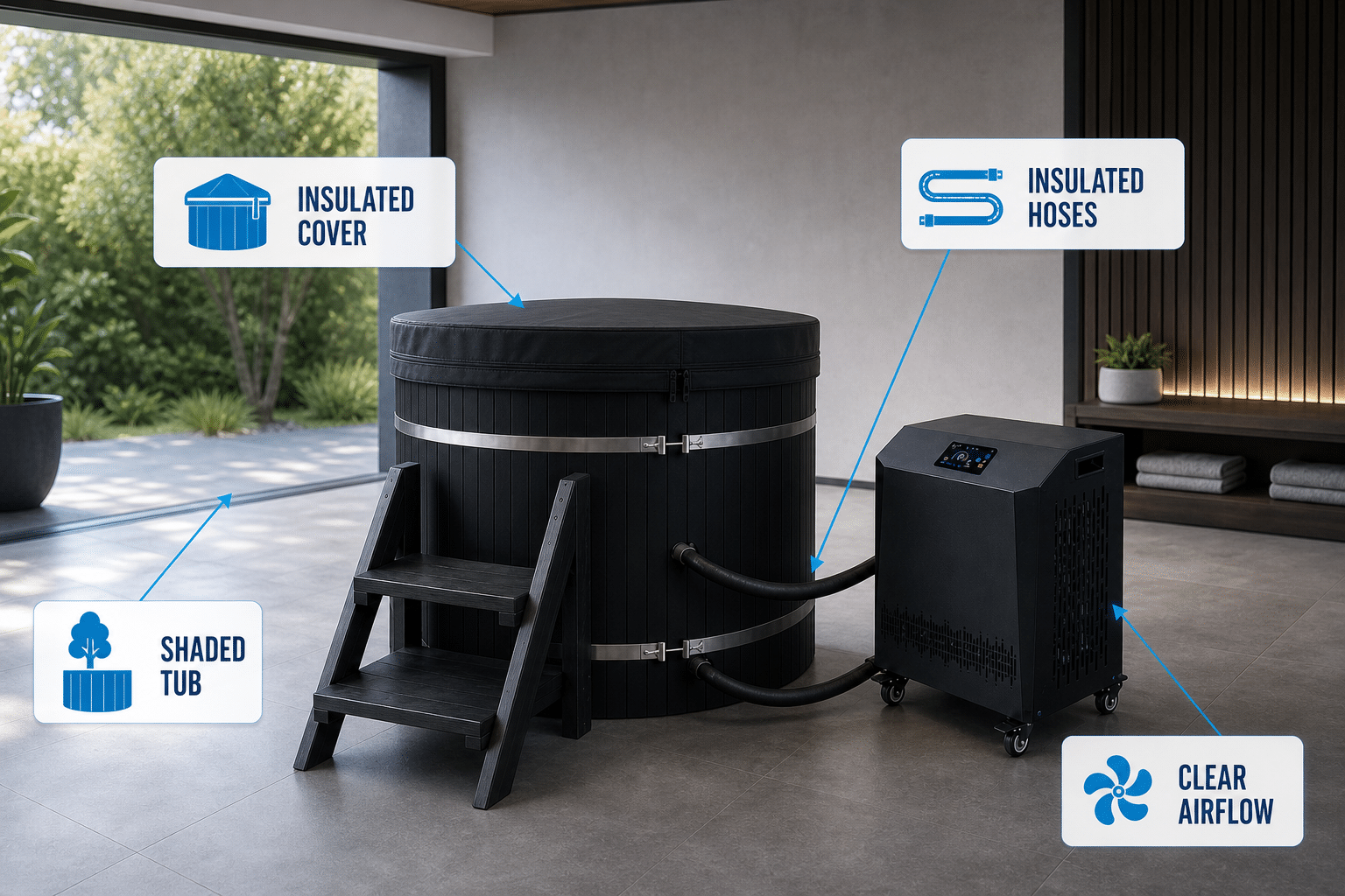 Insulated cover, hoses, shaded tub and clear airflow for lower cold plunge energy use