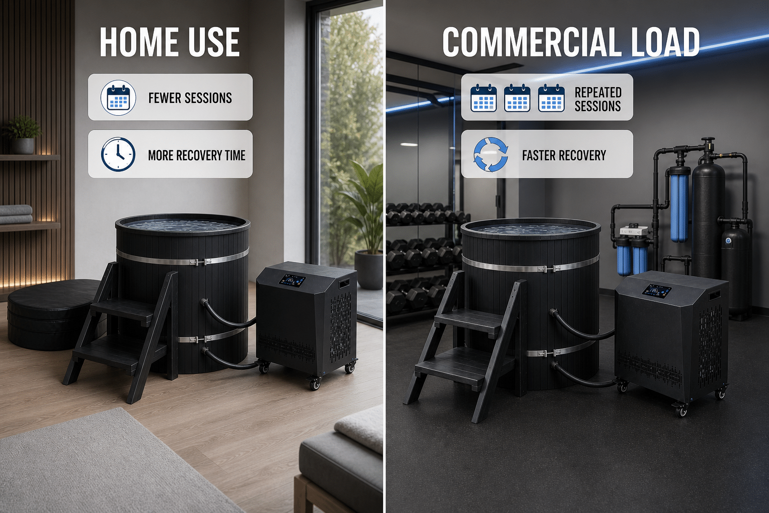 Cold plunge chiller sizing for home use versus repeated commercial load