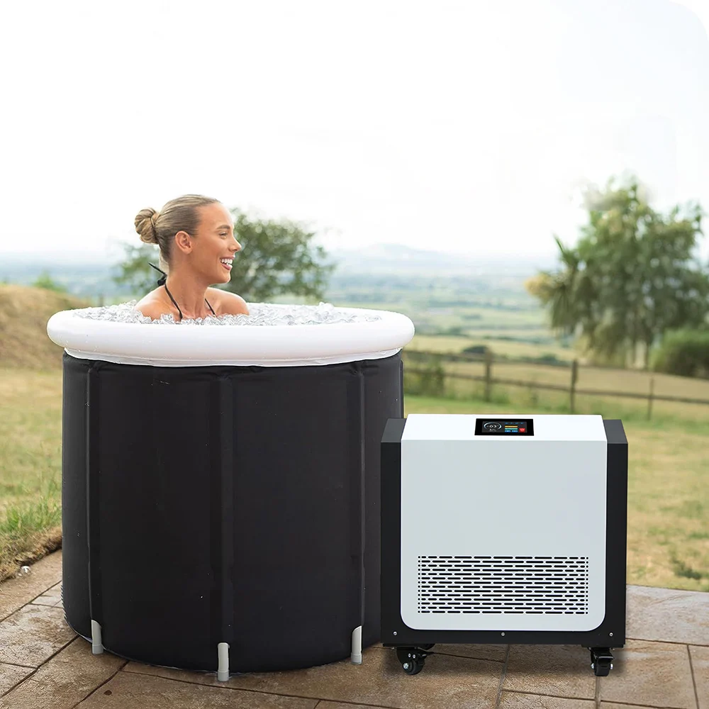 OMNI Therapy chiller system shown connected to a standard bathtub, demonstrating home-use compatibility for 0°C cold therapy
