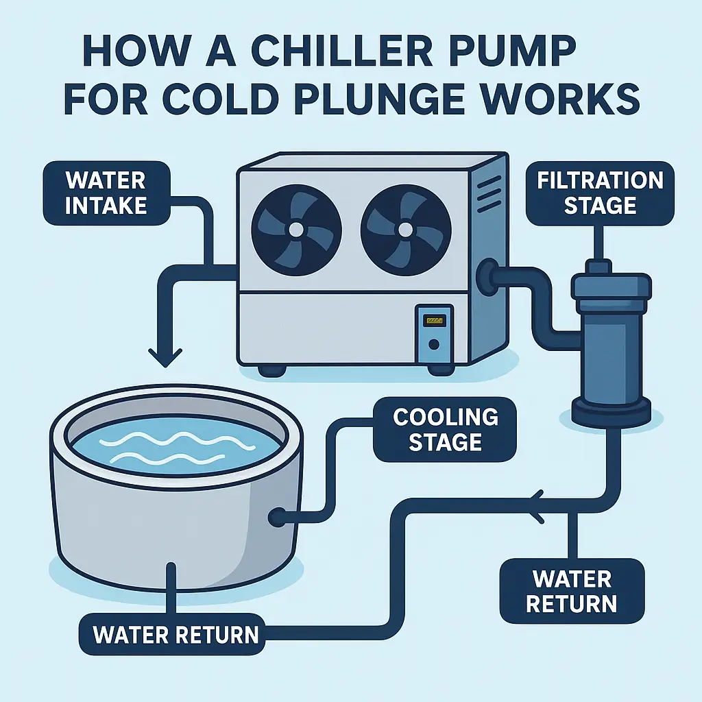 Step-by-step infographic showing how to troubleshoot a cold plunge chiller pump and fix common issues