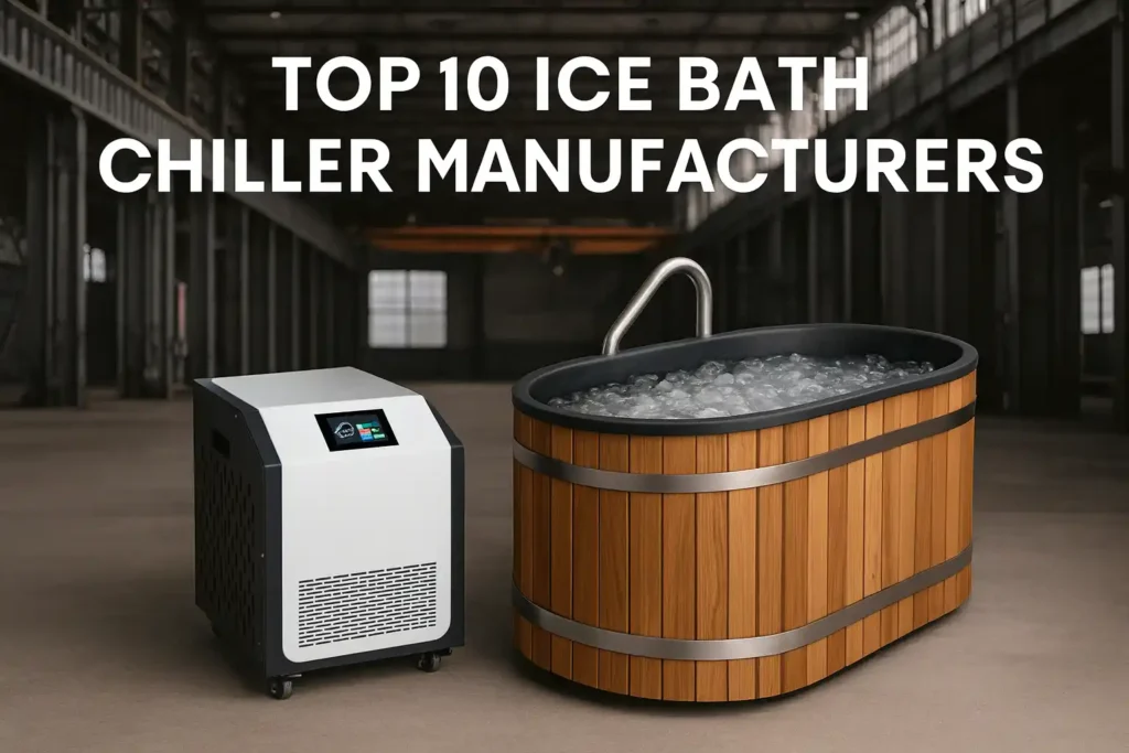 Factory background featuring a wooden cold plunge tub filled with ice and an OEM ice bath chiller unit, showcasing 0°F cooling capability for recovery and therapy