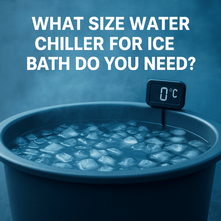Cold plunge tub filled with ice cubes and a thermometer showing 0°C, illustrating what size water chiller for ice bath is needed