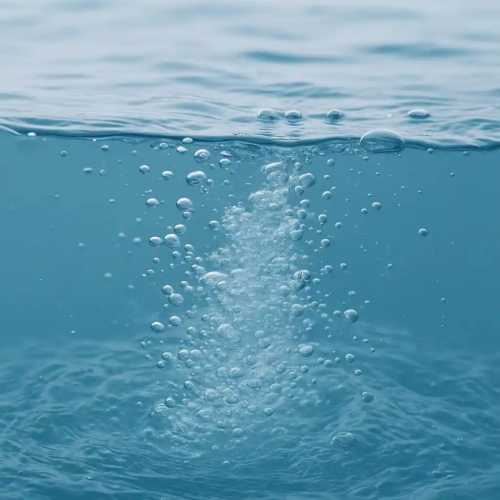 Fresh clean water in a plunge tub with rising ozone bubbles, symbolizing built-in ozone disinfection and water filtration
