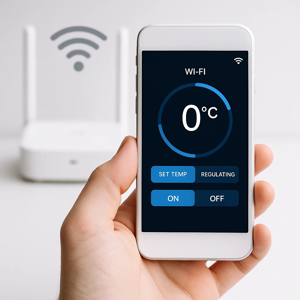 A person using a smartphone to control plunge chiller temperature remotely via WiFi, with 0°C displayed on screen