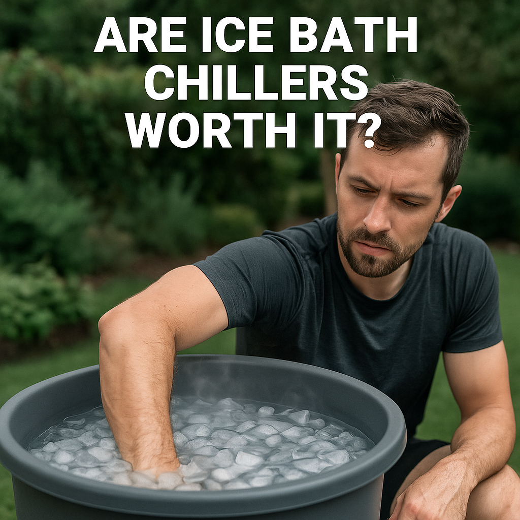 A person sitting in an outdoor cold plunge tub filled with icy water, showing whether ice bath chillers are worth it for recovery