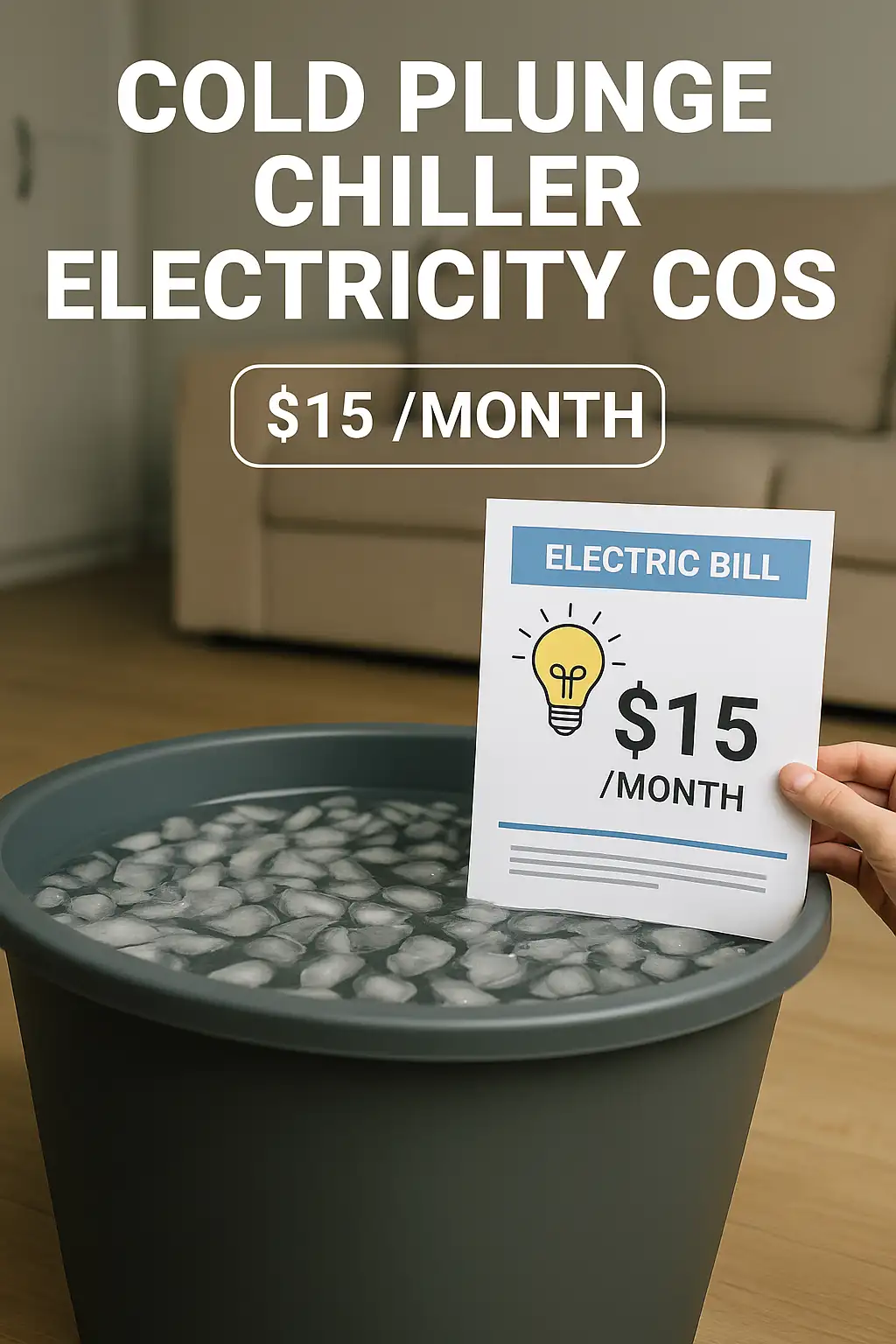 A cold plunge tub in a home setting with a low electricity bill showing $15 per month, representing cold plunge chiller electricity cost