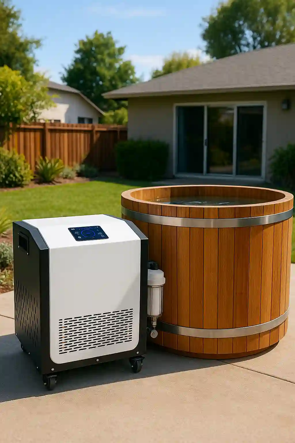 Cold plunge chiller connected to a wooden ice bath tub in a backyard setting, designed for home wellness and outdoor recovery