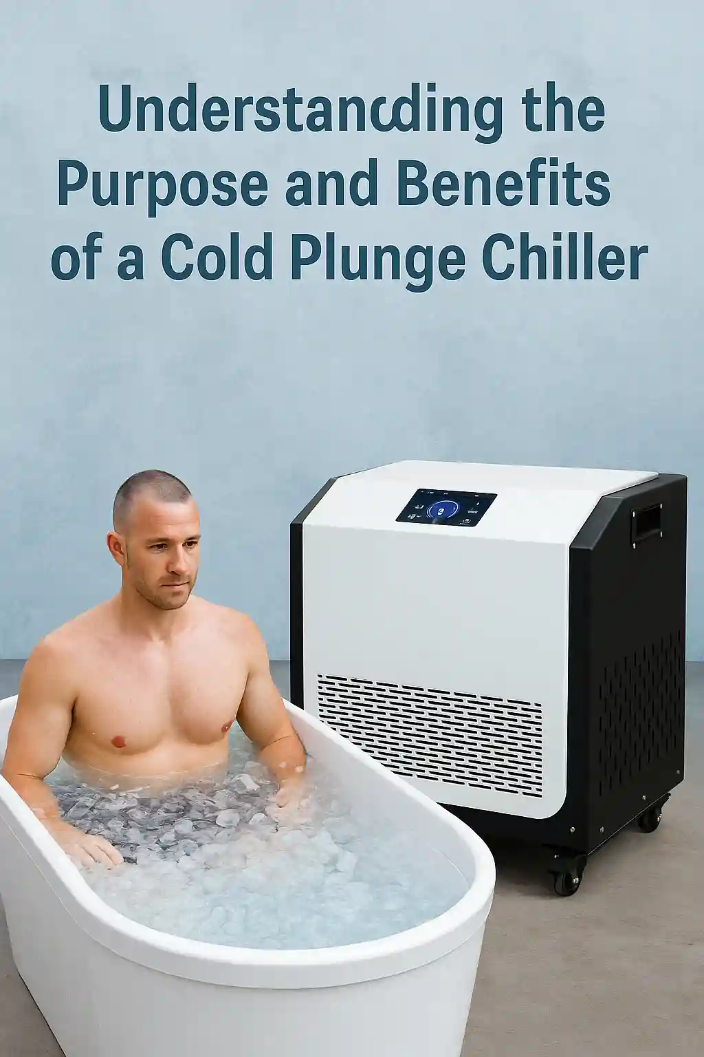 Man sitting in an ice bath tub connected to a cold plunge chiller, demonstrating real-world use for cold therapy recovery