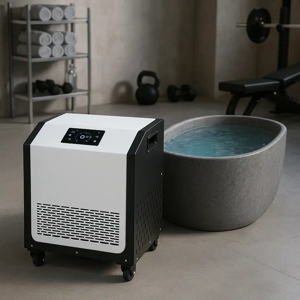 Cold plunge chiller next to a modern grey ice bath tub inside a gym recovery room, highlighting athletic recovery use