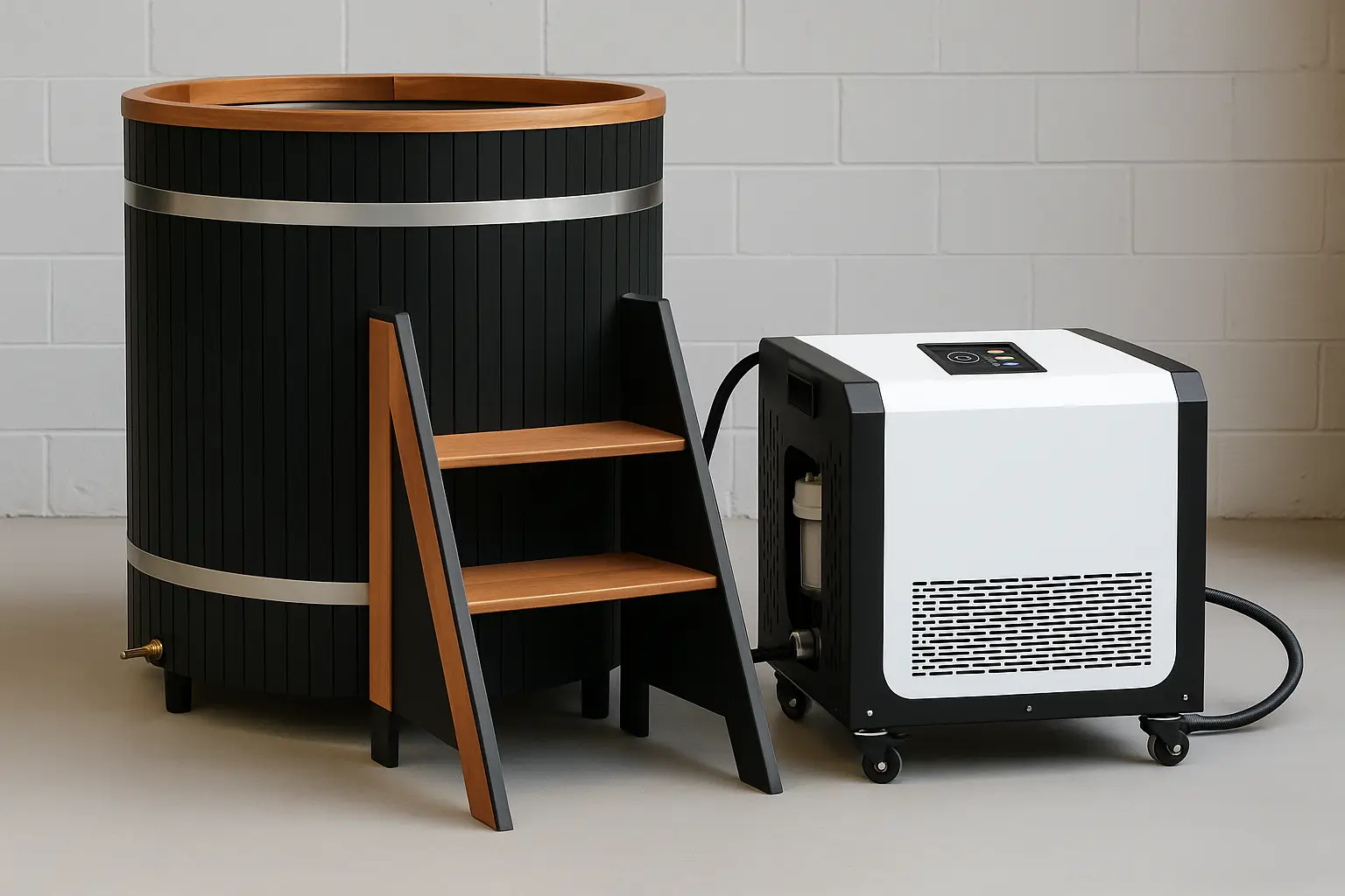 Smart cold plunge chiller paired with black cedar cold plunge barrel, featuring stainless steel accents and integrated filter system for 0°C ice bath therapy