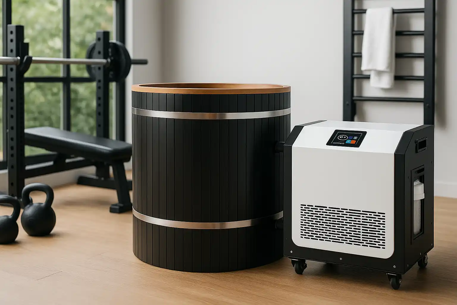 Cold plunge chiller and black wooden barrel installed in modern home gym, ideal for post-workout recovery and ice bath therapy