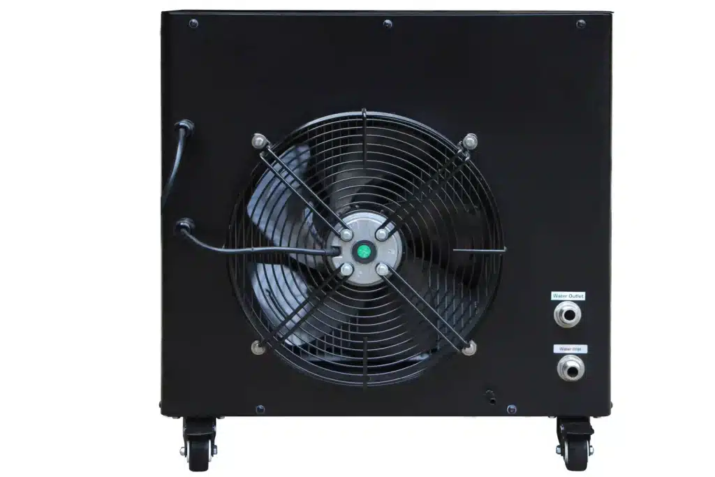 Rear view of Smart 1HP Cold Plunge Chiller with cooling fan and water inlet outlet