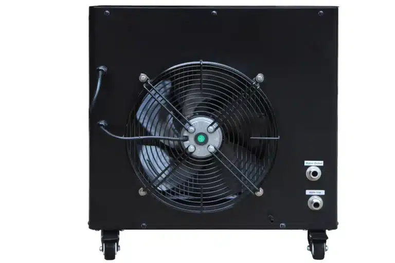 Rear view of Smart 1HP Cold Plunge Chiller with cooling fan and water inlet outlet