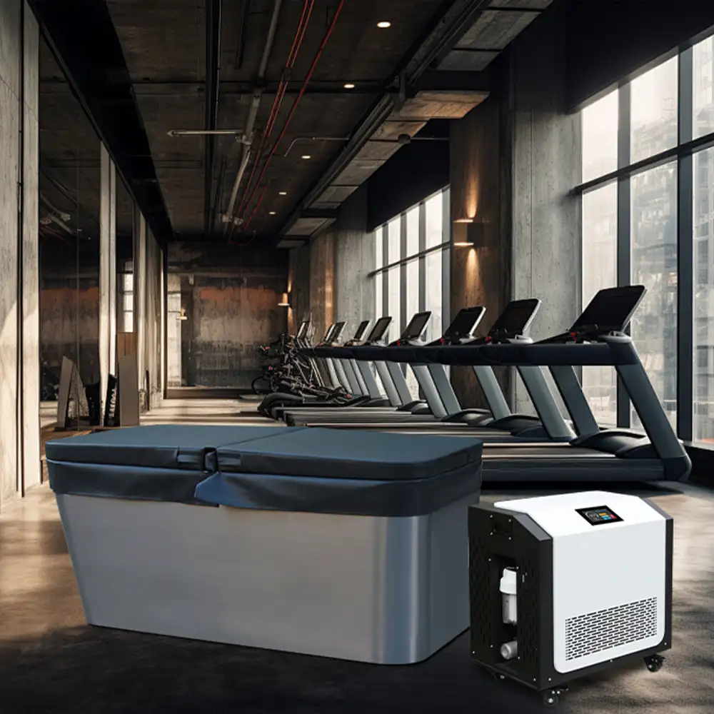 Stainless steel ice bath tub paired with cold plunge chiller for professional recovery setup