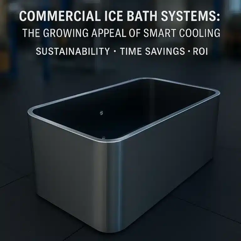 OMNI Ice commercial ice bath chiller standing in a modern gym recovery area, showcasing its smart control panel and stainless-steel body for professional cooling efficiency.