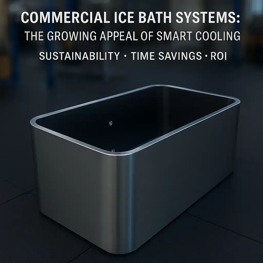 OMNI Ice commercial ice bath chiller standing in a modern gym recovery area, showcasing its smart control panel and stainless-steel body for professional cooling efficiency.