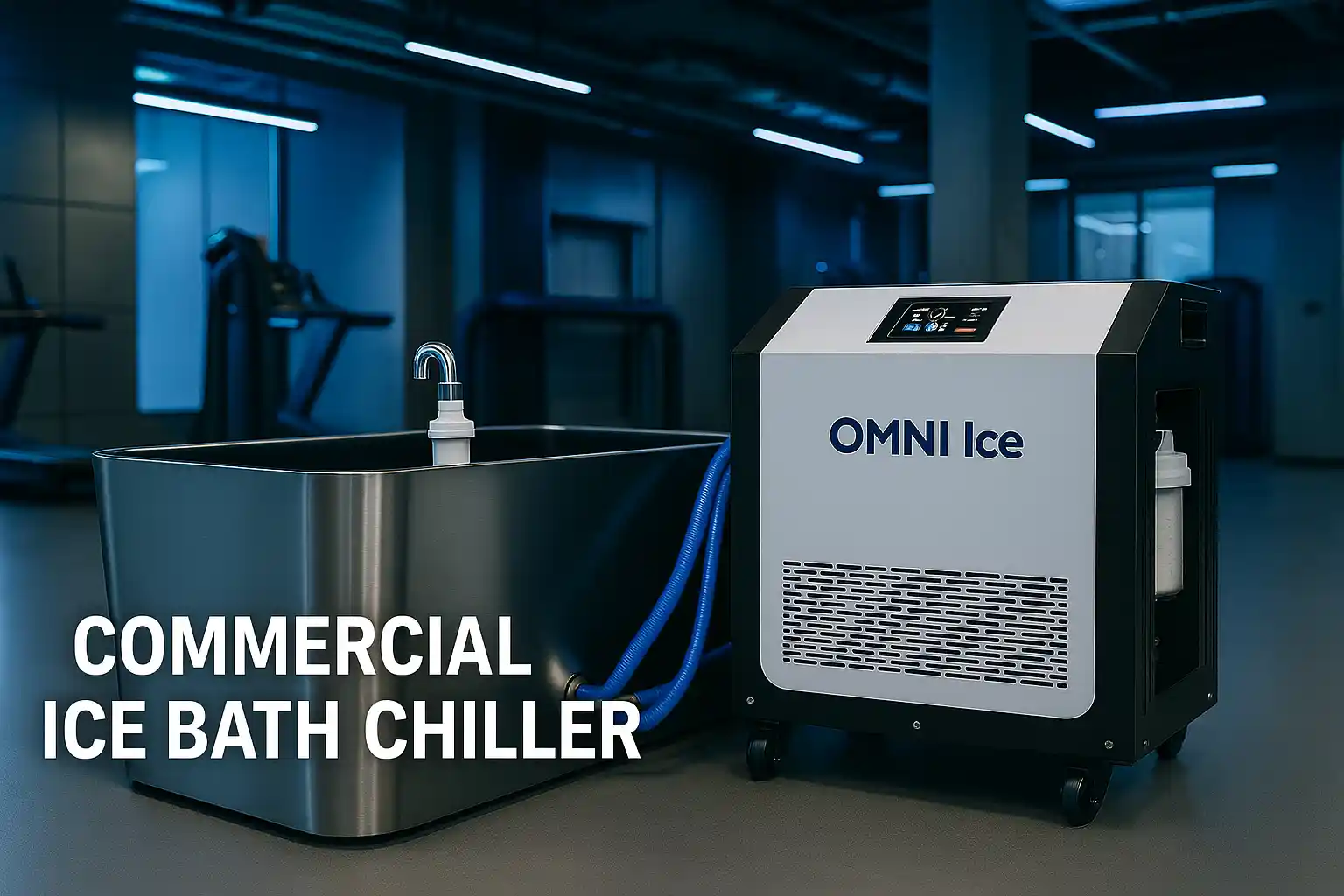 OMNI Ice commercial ice bath chiller connected to stainless steel cold plunge tub in modern gym recovery room