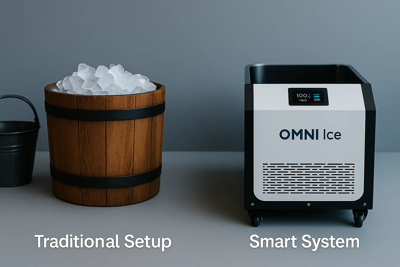 Side-by-side comparison of traditional ice bucket and OMNI Ice bath chiller showing difference between manual and smart cooling systems