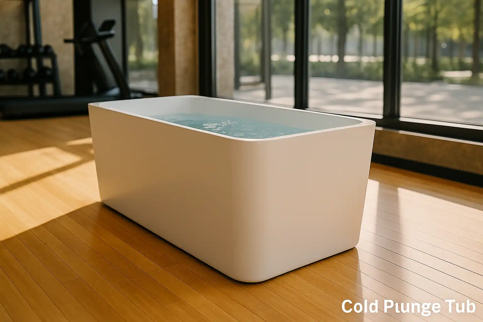 White cold plunge tub filled with water in sunlight near gym window, part of OMNI Ice recovery system