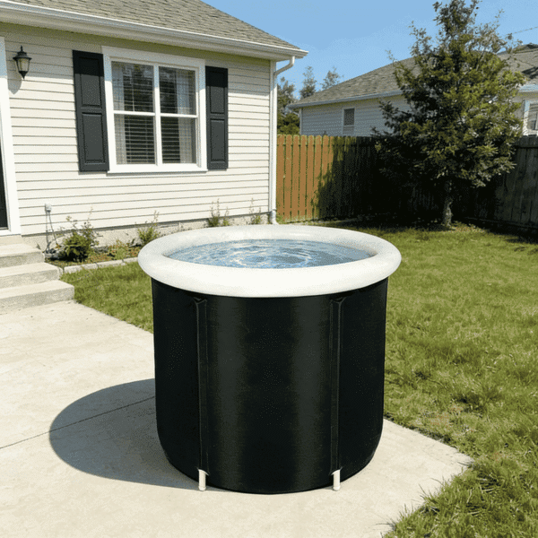 White-rimmed portable inflatable ice bath tub with 10 PSI rigid structure for training