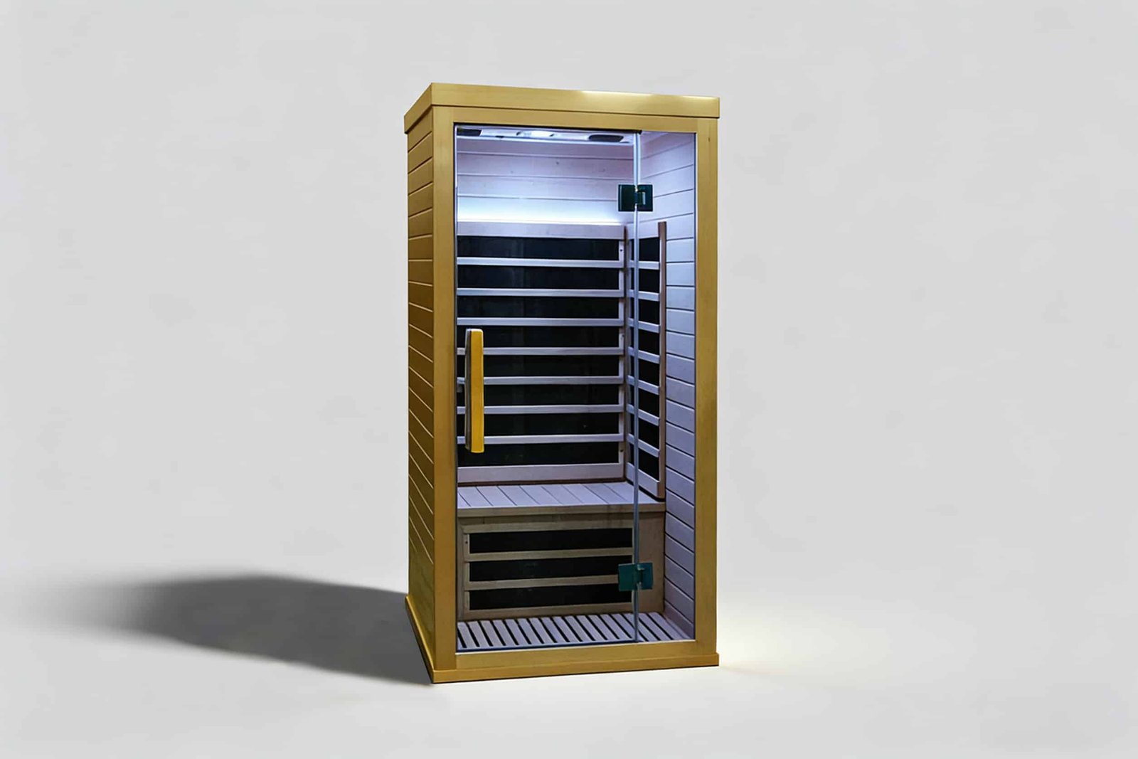 Compact 1-person indoor far infrared sauna made of premium Canadian Hemlock, energy-efficient home spa recovery cabin for daily detox and wellness.