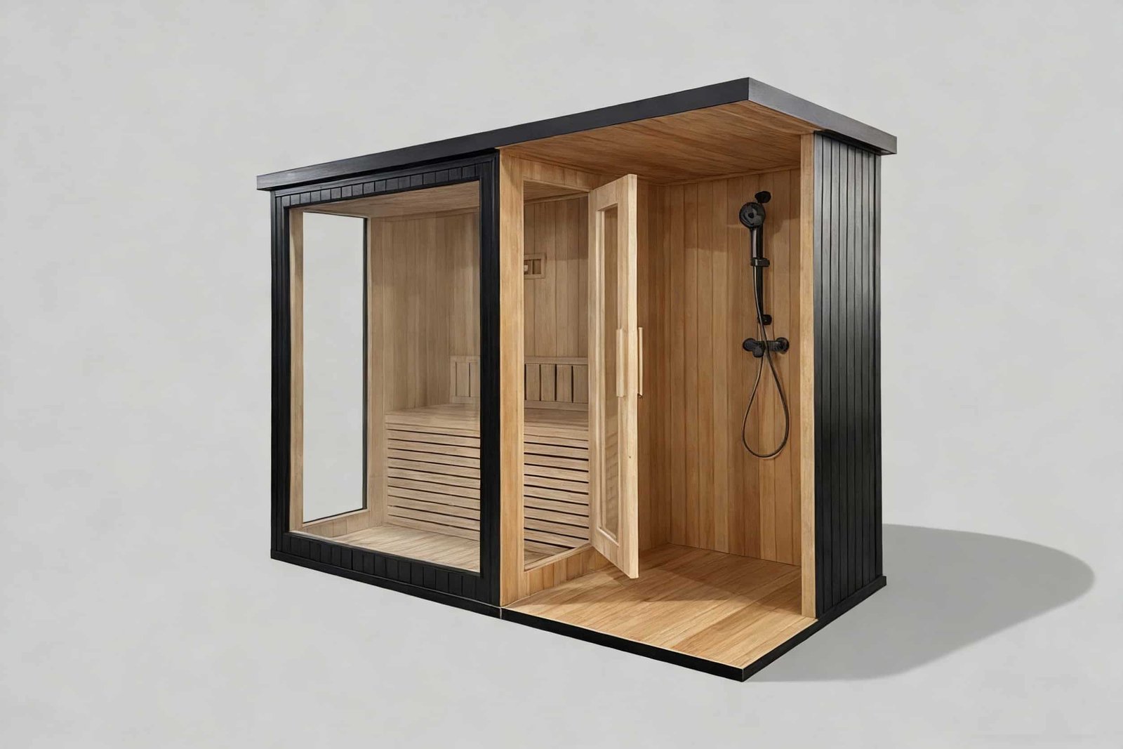 Ultimate outdoor modern sauna with geometric glass front, wholesale OEM customizable sauna for high-end landscaping projects and professional distributors.