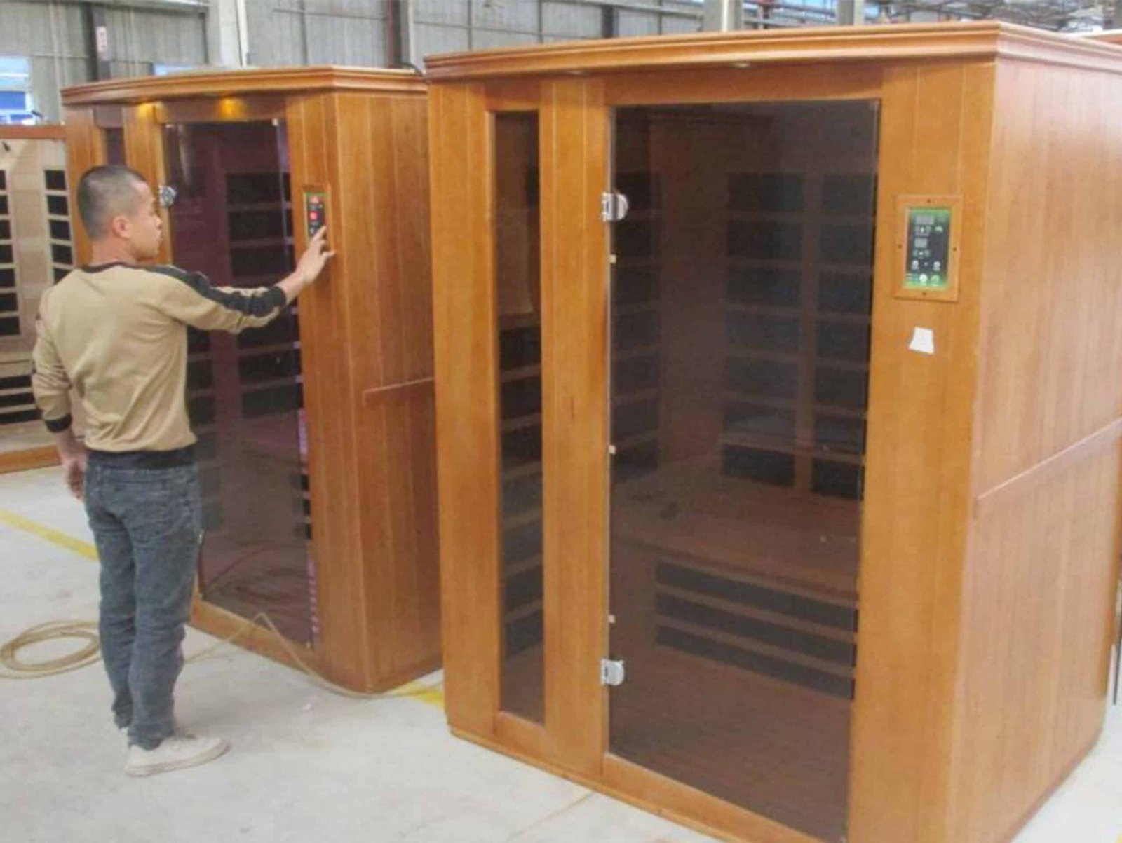 Wooden sauna cabin assembled at the OMNI Ice manufacturing facility