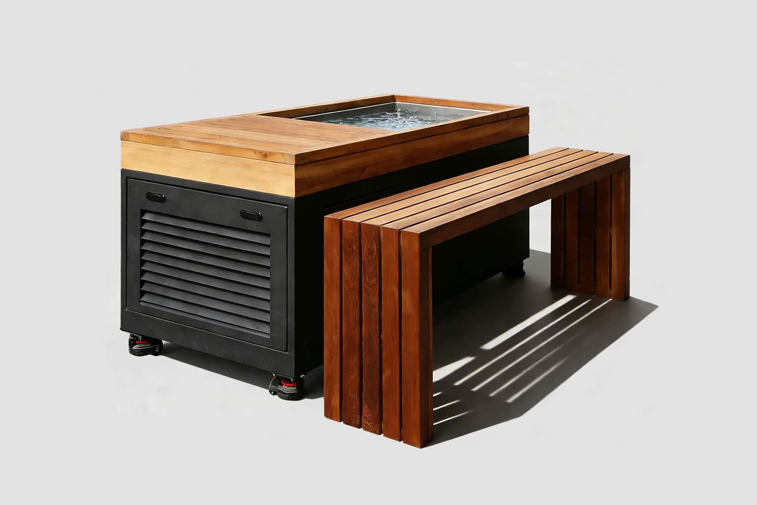 Luxury Wood Finish Integrated Ice Bath with Bench Seating, Commercial Grade Chiller Housing